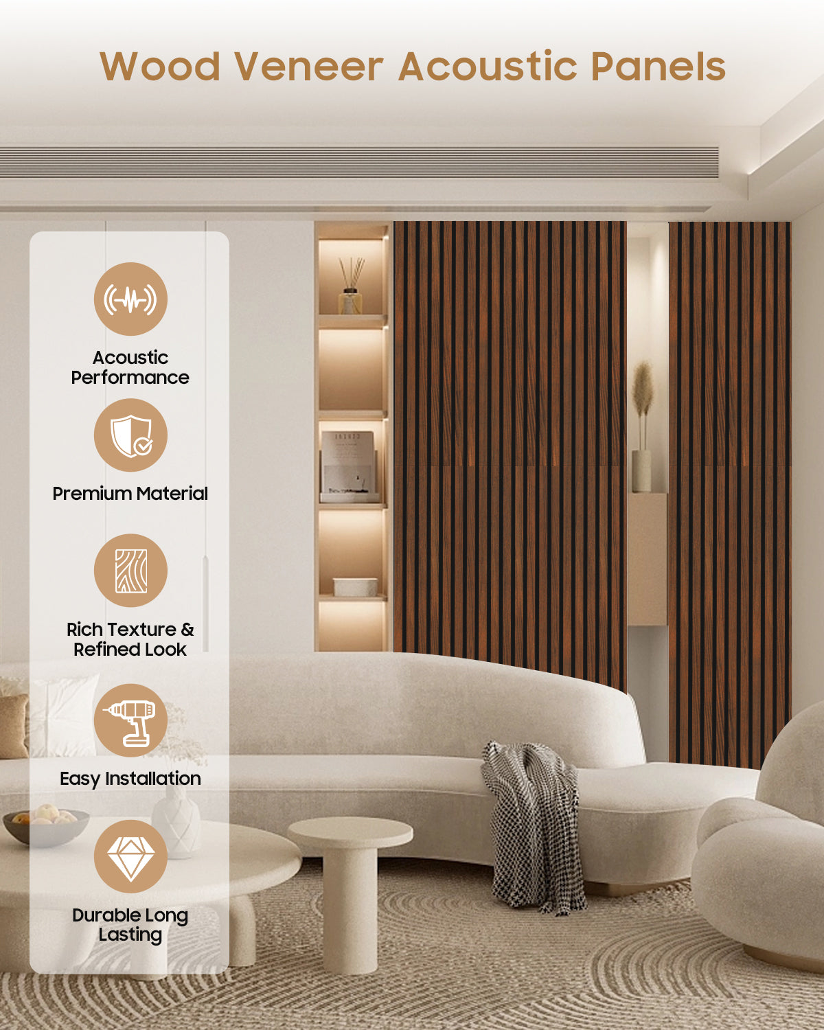 Acoustic Wall Panels, 2Pcs 3D Wood Slat Soundproof Wall Panel for Interior Wall Decor Noise Cancelling, Home, Ceiling and Living Room